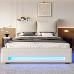 Matteo King Size Upholstered Bed Frame With Hydraulic Storage, Usb-C Headboard & Led Lighting - Beige Linen - thumbnail 3