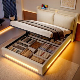 Matteo King Size Upholstered Bed Frame With Hydraulic Storage, Usb-C Headboard & Led Lighting - Beige Linen - thumbnail 1