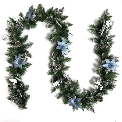 Christmas Pine Cone Garland, Richly Decorated Vine Door Ornament, Blue Flower 2.7 Meters - image 1