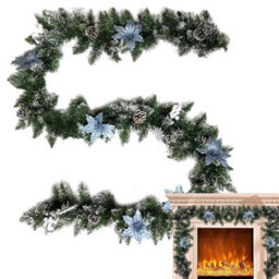 Christmas Pine Cone Garland, Richly Decorated Vine Door Ornament, Blue Flower 2.7 Meters - thumbnail 4