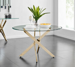 Furniturebox Novara Round Tempered Glass Dining Table 2 4 Seater With Angled Starburst Gold Chrome Metal Legs For Modern Glam Dining Room
