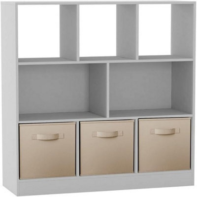 Urbn-Living Urbnliving Asymmetrical 8 Cube White Bookcase Storage Unit With 3 Fabric Drawer Inserts- Beige - image 1