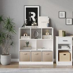 Urbn-Living Urbnliving Asymmetrical 8 Cube White Bookcase Storage Unit With 3 Fabric Drawer Inserts- Beige - thumbnail 2