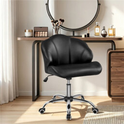 Yaheetech Faux Leather Desk Chair With Tufted Shell-Shaped Back And Rolling Wheels, Adjustable Seat Height, Black - thumbnail 1