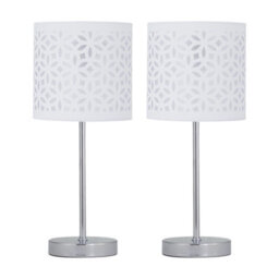First Choice Lighting Set Of 2 Chrome Stick Table Lamps With White Laser Cut Shades - thumbnail 1
