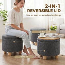 Homcom Round Storage Ottoman With Reversible Lid, Dark Grey - thumbnail 4