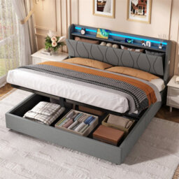 Abrihome 5Ft King Size Bed With Hydraulic Storage, Led Headboard & Usb Charging, Grey Linen, (No Mattress) - thumbnail 1