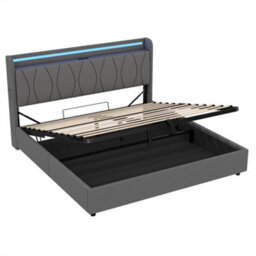 Abrihome 5Ft King Size Bed With Hydraulic Storage, Led Headboard & Usb Charging, Grey Linen, (No Mattress) - thumbnail 7