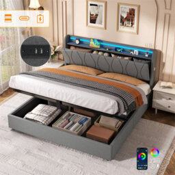 Abrihome 5Ft King Size Bed With Hydraulic Storage, Led Headboard & Usb Charging, Grey Linen, (No Mattress) - thumbnail 5