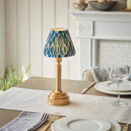 Luminosa Lighting Luminosa Upton Rechargeable Brushed Aged Brass Plate Table Lamp With Marlin Blue Fabric Ikat Shade 16Cm Integrated Led - thumbnail 2