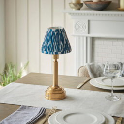 Luminosa Lighting Luminosa Upton Rechargeable Brushed Aged Brass Plate Table Lamp With Marlin Blue Fabric Ikat Shade 16Cm Integrated Led - thumbnail 3