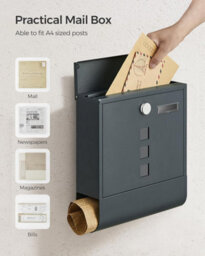 Songmics Wall Mailbox With Lock And Rotating Lid, Includes Name Tag Slot And Viewing Panel, With Newspaper Holder, Charcoal Grey - thumbnail 4
