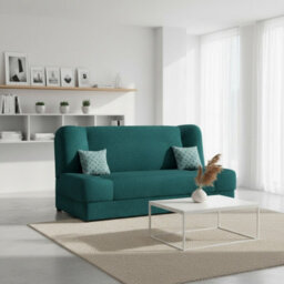 Living Room Sofa Jonas With Click Clack Sleeping Function Storage And Wooden Frame Turquoise And Patterned Pillows - thumbnail 1