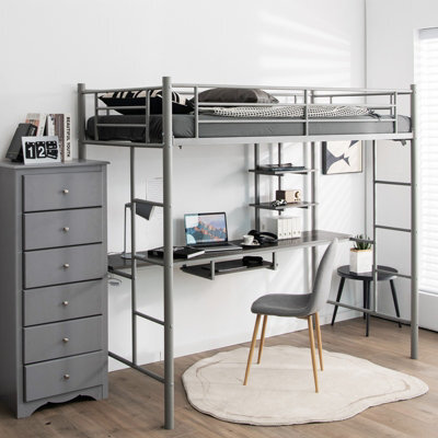 Costway 3.5 Ft Single Metal Loft Bed Frame High Sleeper Bunk Bed W/ Desk-Silver - image 1
