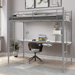 Costway 3.5 Ft Single Metal Loft Bed Frame High Sleeper Bunk Bed W/ Desk-Silver - thumbnail 4