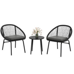 Wyld Haus Lukeno Black Rattan Rope 3-Piece Outdoor Bistro Set - Round Table And 2 Tub Chairs With Cushions - thumbnail 2