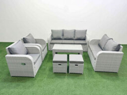 Fimous Pe Rattan Garden Furniture Set Adjustable Chair Sofa Double Love Seat 2 Seater Sofa Lounge Set 2 Stools Light Grey