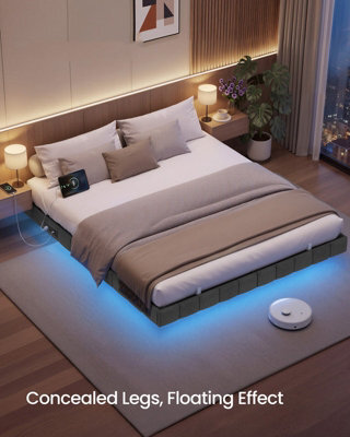 LEDREM King Floating Bed Frame With Led Lighting, Upholstered Sides, Charging Ports, Metal Platform Bed, Grey - image 1