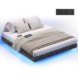 LEDREM King Floating Bed Frame With Led Lighting, Upholstered Sides, Charging Ports, Metal Platform Bed, Grey - thumbnail 2