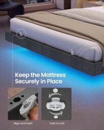 LEDREM King Floating Bed Frame With Led Lighting, Upholstered Sides, Charging Ports, Metal Platform Bed, Grey - thumbnail 6