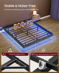 LEDREM King Floating Bed Frame With Led Lighting, Upholstered Sides, Charging Ports, Metal Platform Bed, Grey - thumbnail 5