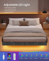 LEDREM King Floating Bed Frame With Led Lighting, Upholstered Sides, Charging Ports, Metal Platform Bed, Grey - thumbnail 4