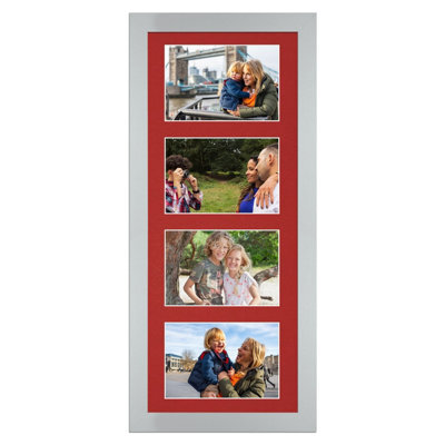 AK Frames 50X20Cm Silver Modern Multi Photo Frame With Crimson Mount - Holds 4 Apertures (4X) 6X4 Photos - image 1