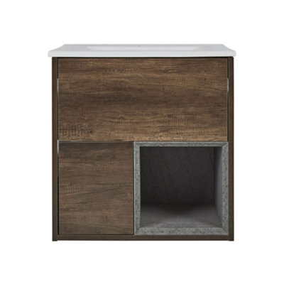 Homestylestore 610mm Dark Oak Wall Hung Led Lit Bathroom Vanity Unit With Basin - image 1