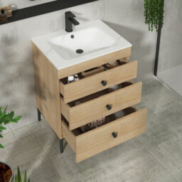 Royal Bathrooms Royal Bathroom Verona 600mm Natural Oak 3-Drawer Floor Standing Bathroom Vanity Unit With Carrara White Basin & Matt Black Knob - thumbnail 5