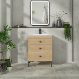 Royal Bathrooms Royal Bathroom Verona 600mm Natural Oak 3-Drawer Floor Standing Bathroom Vanity Unit With Carrara White Basin & Matt Black Knob - thumbnail 4