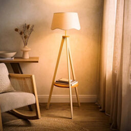 ValueLights Morrigan Cream Wood Shelf Floor Lamp With Natural Scallop Shade And Bulb - thumbnail 2