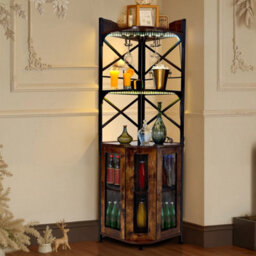 Rustic Brown 5 Tier Corner Bar Cabinet Led Lighting Wine Bottles Display Rack - thumbnail 4