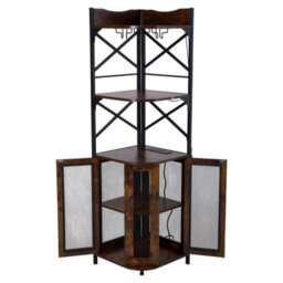 Rustic Brown 5 Tier Corner Bar Cabinet Led Lighting Wine Bottles Display Rack - thumbnail 1