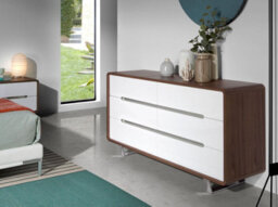 Angel Cerda Stylish White Wooden Chest Of Drawers With Walnut And Chrome Accents - thumbnail 2