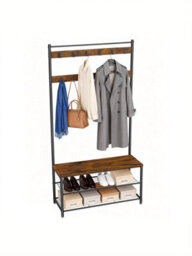 Vasagle Coat Rack, Hall Tree With Shoe Storage Bench, 32 X 85 X 175 Cm, Industrial, Rustic Brown And Black - thumbnail 3