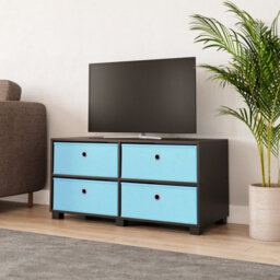 Urbn-Living Urbnliving 47Cm Height Black Wooden Tv Unit Stand Media Cabinet 4 Sky Blue Fabric Storage Drawers