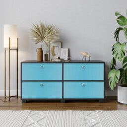 Urbn-Living Urbnliving 47Cm Height Black Wooden Tv Unit Stand Media Cabinet 4 Sky Blue Fabric Storage Drawers - thumbnail 2