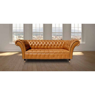 Chesterfield 3 Seater Old English Buckskin Leather Buttoned Seat Sofa In Balmoral Style - image 1