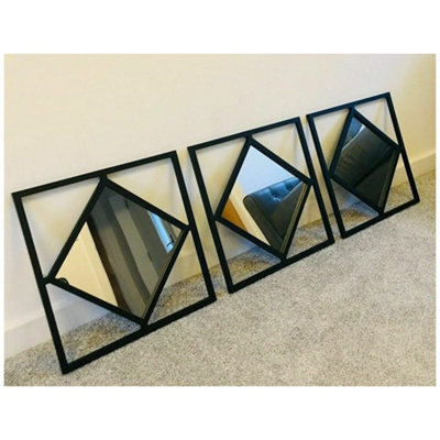 Set Of 3 Square Diamond Shape Frame Black Wall Art Mirror Modern Stylish 40X40