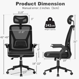 Onemill Ergonomic Mid-Back Mesh Office Chair With Flip-Up Armrests And Headrest-Black - thumbnail 7