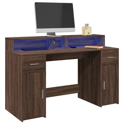 Berkfield Desk With Led Lights Brown Oak 140X55X91 Cm Engineered Wood - image 1