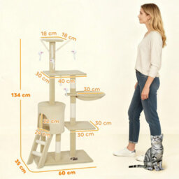 Pawhut Cat Tree For Indoor Cats, 134Cm Scratching Post Climbing Tower, Beige - thumbnail 3