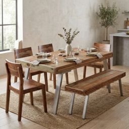 Retro Wood And Metal Large Dining Table Set With 1 Bench And 4 Chairs - thumbnail 9