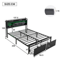 Btm Metal Bed 4Ft6 Double With Led Lights, Usb & Type-C Ports, 2 Drawers, Storage Headboard, Black - thumbnail 4