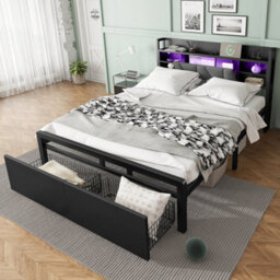 Btm Metal Bed 4Ft6 Double With Led Lights, Usb & Type-C Ports, 2 Drawers, Storage Headboard, Black