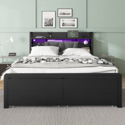 Btm Metal Bed 4Ft6 Double With Led Lights, Usb & Type-C Ports, 2 Drawers, Storage Headboard, Black - thumbnail 2
