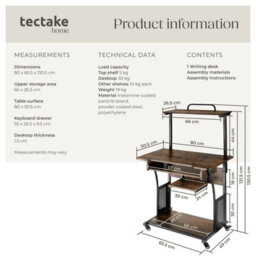 Tectake Desk Fife - 3 Levels, Attachable Shelf And Keyboard Tray, 4 Castors 65 Cm - Industrial Wood Dark, Rustic - thumbnail 6