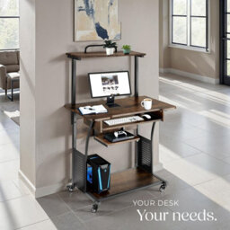 Tectake Desk Fife - 3 Levels, Attachable Shelf And Keyboard Tray, 4 Castors 65 Cm - Industrial Wood Dark, Rustic - thumbnail 7