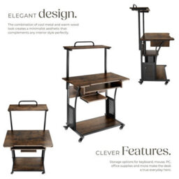 Tectake Desk Fife - 3 Levels, Attachable Shelf And Keyboard Tray, 4 Castors 65 Cm - Industrial Wood Dark, Rustic - thumbnail 3