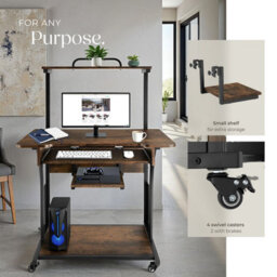Tectake Desk Fife - 3 Levels, Attachable Shelf And Keyboard Tray, 4 Castors 65 Cm - Industrial Wood Dark, Rustic - thumbnail 4